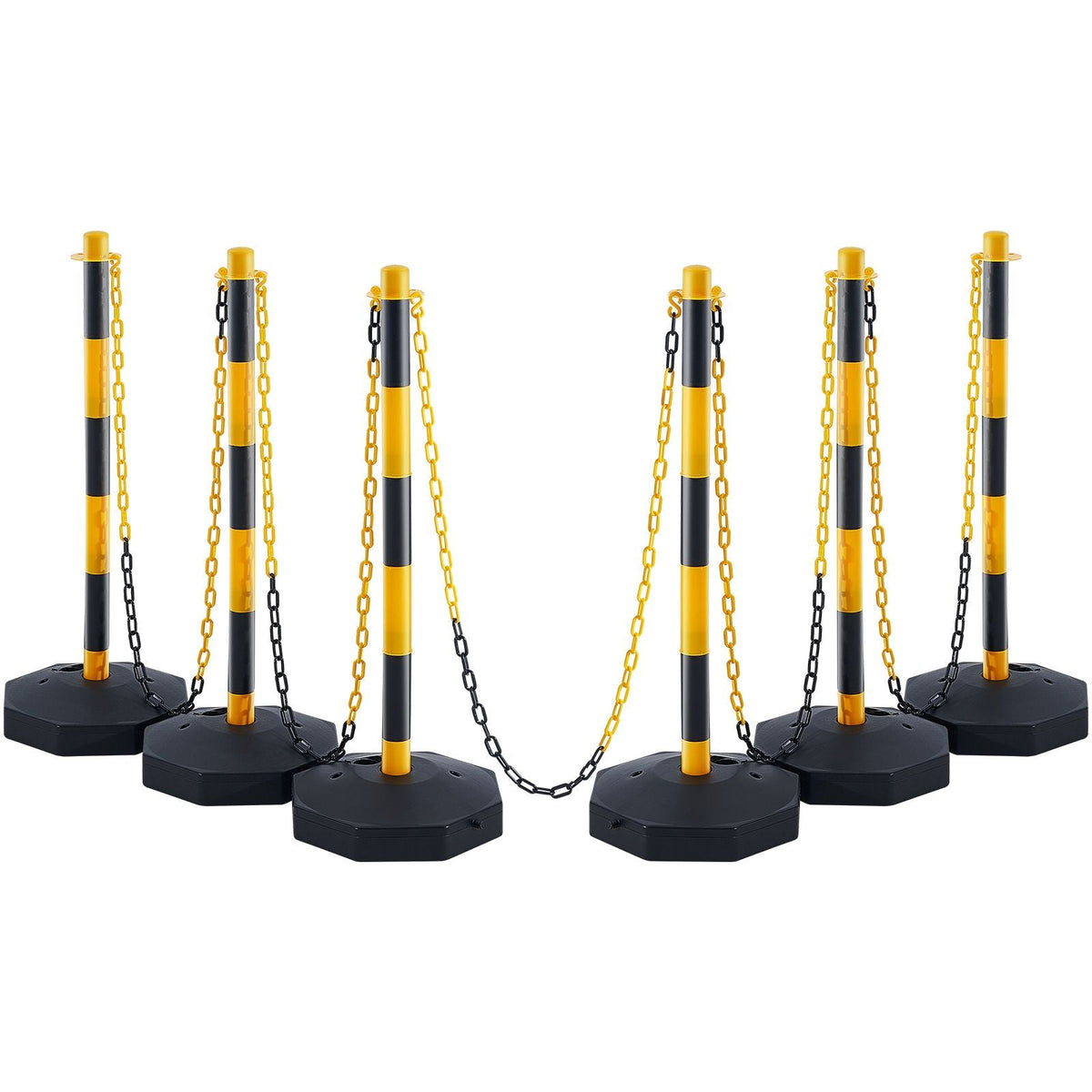 Adjustable Traffic Delineator Post Cones, 6 Pack, Traffic Safety Delineator Barrier with Fillable Base 8FT Chain, for Traffic Control Warning Parking Lot Construction Caution Roads, Yellow&Black