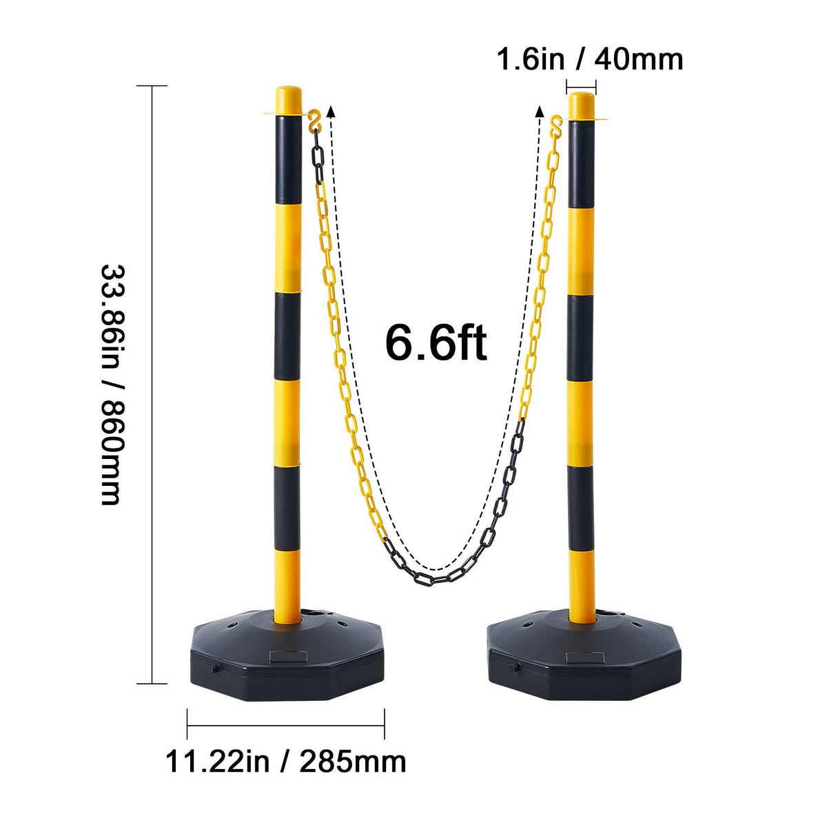 Adjustable Traffic Delineator Post Cones, 6 Pack, Traffic Safety Delineator Barrier with Fillable Base 8FT Chain, for Traffic Control Warning Parking Lot Construction Caution Roads, Yellow&Black