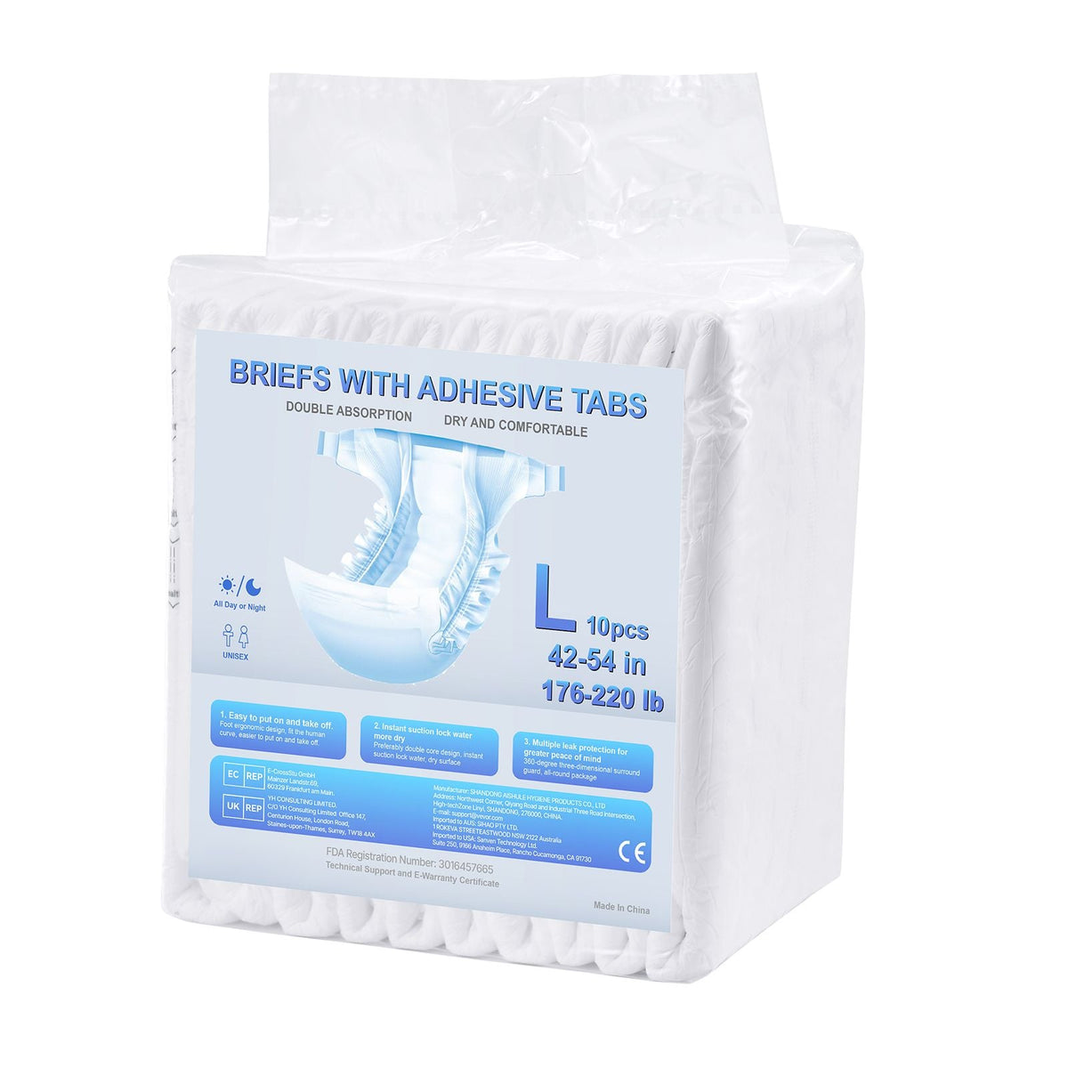 Adult Briefs with Tabs, Super Absorbent Incontinence Briefs for Men and Women, Disposable Adult Diapers with Leakproof 3D Surround Guard & Wetness Indicator - L Size, 40 Count (4 Packs of 10)