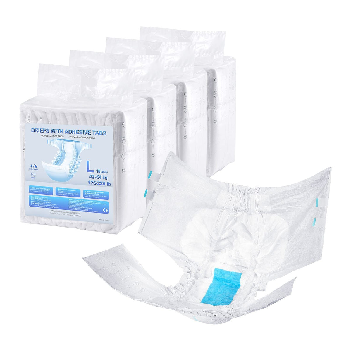 Adult Briefs with Tabs, Super Absorbent Incontinence Briefs for Men and Women, Disposable Adult Diapers with Leakproof 3D Surround Guard & Wetness Indicator - L Size, 40 Count (4 Packs of 10)