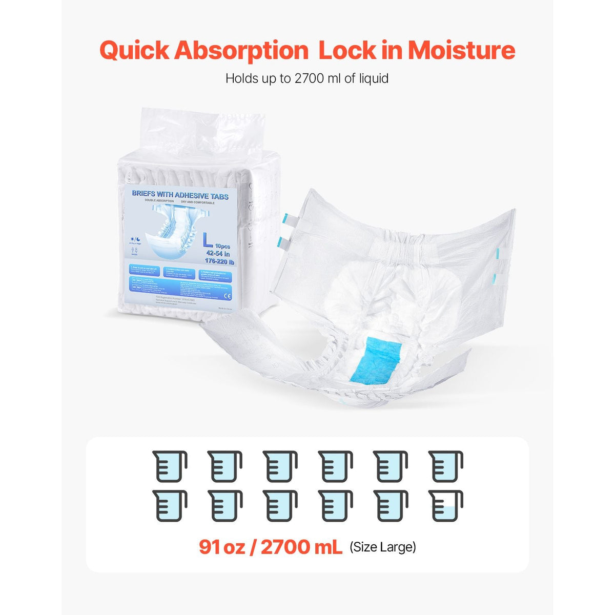 Adult Briefs with Tabs, Super Absorbent Incontinence Briefs for Men and Women, Disposable Adult Diapers with Leakproof 3D Surround Guard & Wetness Indicator - L Size, 40 Count (4 Packs of 10)