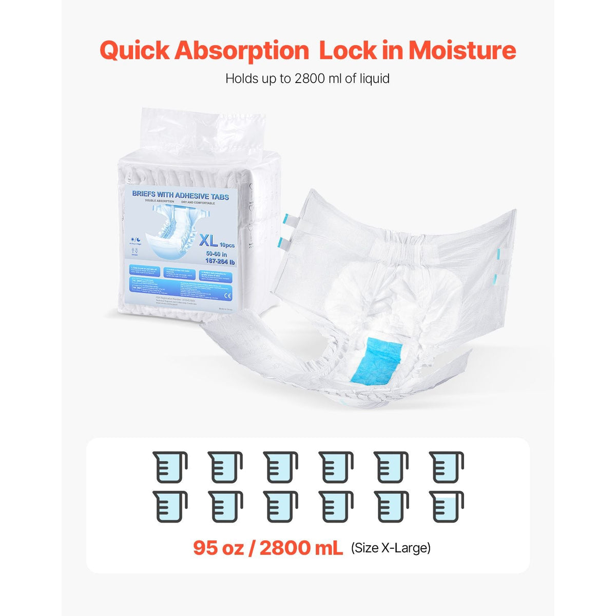 Adult Briefs with Tabs, Super Absorbent Incontinence Briefs for Men and Women, Disposable Adult Diapers with Leakproof 3D Surround Guard & Wetness Indicator - XL Size, 40 Count (4 Packs of 10)