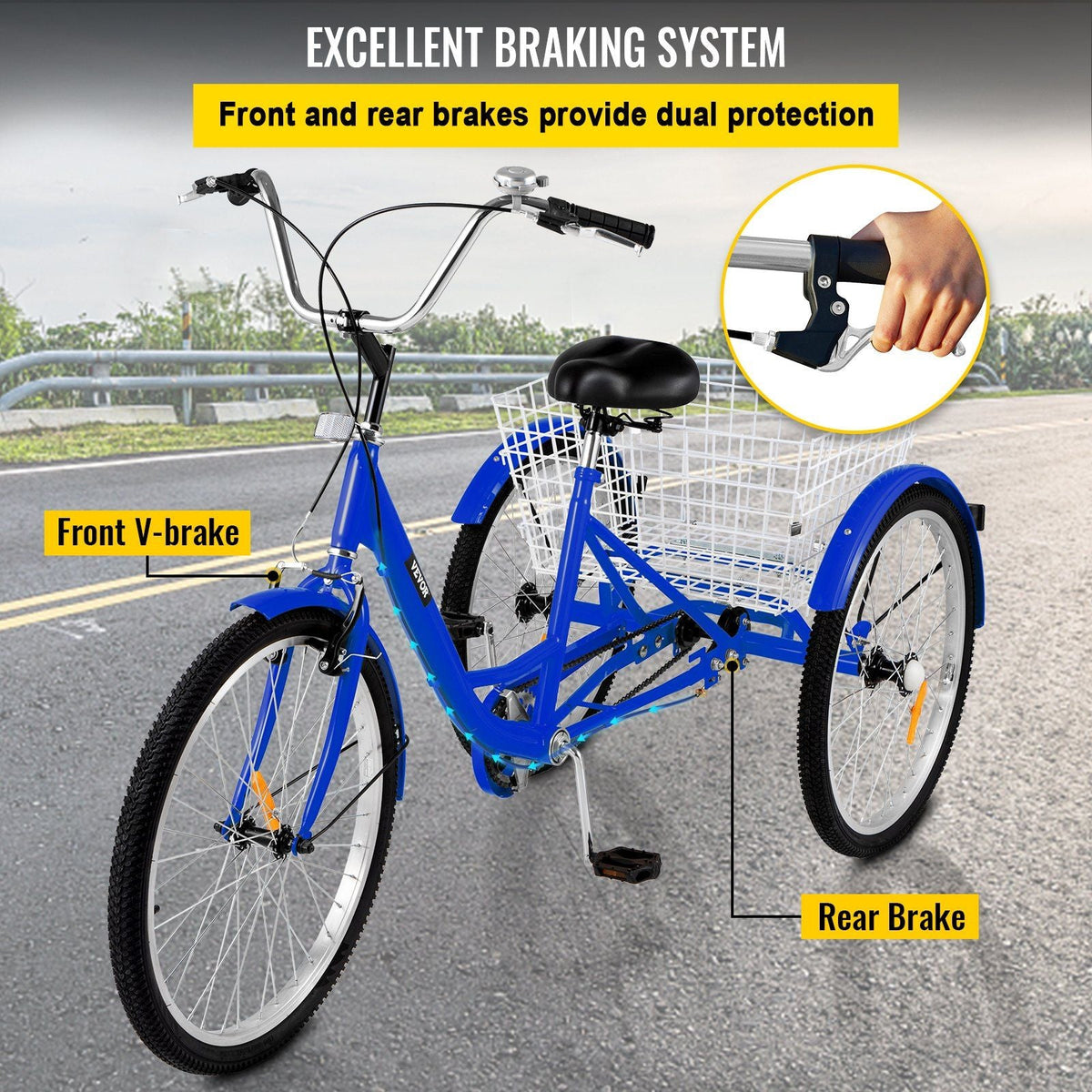 Adult Tricycle 24" 1-Speed 3 Wheel Blue Exercise Shopping Bicycle Large Basket