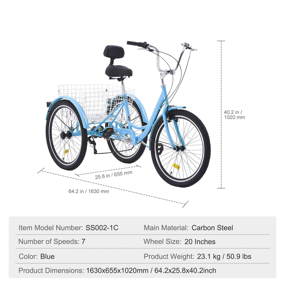 Adult Tricycles Bike, 7 Speed Adult Trikes, 20 Inch Three-Wheeled Bicycles, Carbon Steel Cruiser Bike with Basket and Adjustable Seat, Picnic Shopping Tricycles for Seniors, Women, Men (Blue)