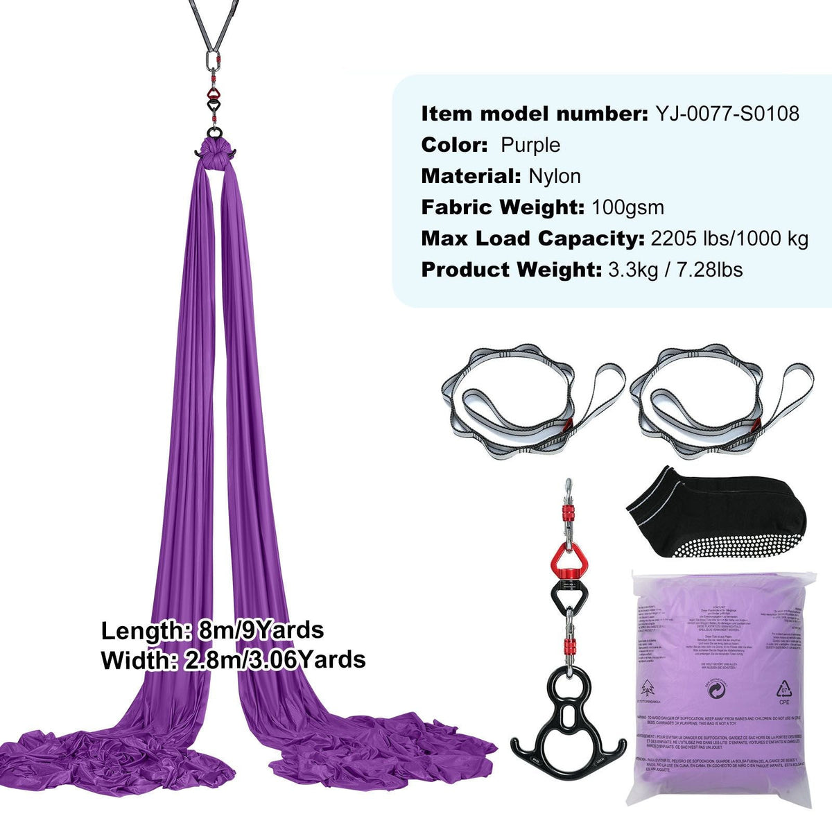 Aerial Silk & Yoga Swing, 8.7 Yards, Aerial Yoga Hammock Kit with 100gsm Nylon Fabric, Full Rigging Hardware & Easy Set-up Guide, Antigravity Flying for All Levels Fitness Bodybuilding, Purple