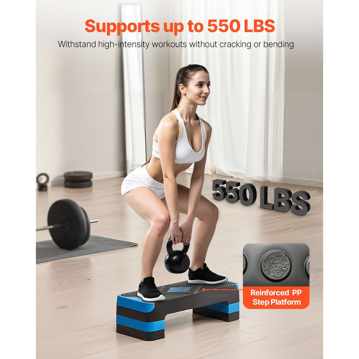 Aerobic Exercise Step Platform, 28-Inch Workout Aerobic Stepper, Height Adjustable Fitness Training Step Deck Trainer with 4 Risers, Non-Slip Surface Bench for Home Gym Cardio Strength, Blue