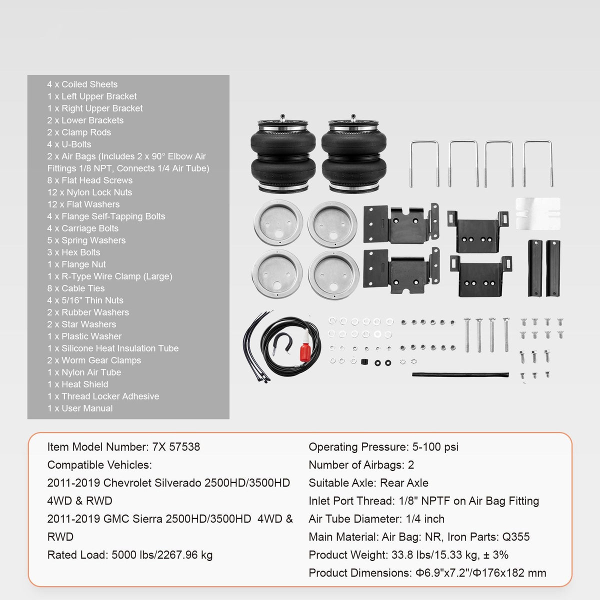 Air Bag Suspension Kit, Air Springs Suspension Bag Kit Compatible with 2011-2019 Chevrolet Silverado 2500/3500HD and GMC Sierra 2500/3500HD 4WD RWD, 5000 lbs Loading, 5 to 100 PSI