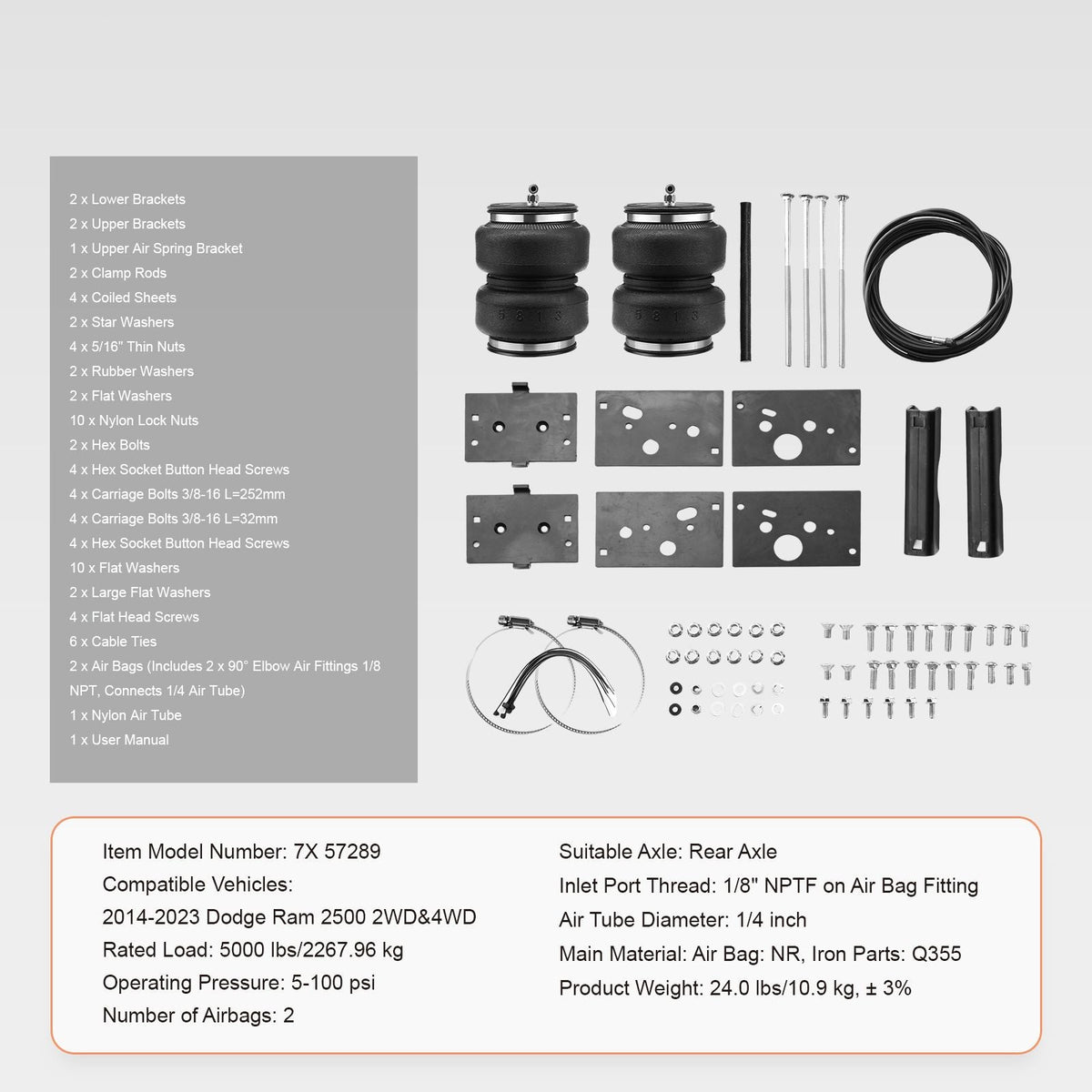 Air Bag Suspension Kit, Air Springs Suspension Bag Kit Compatible with 2014-2023 Dodge Ram 2500 2WD 4WD, 5000 lbs Loading, 5 to 100 PSI