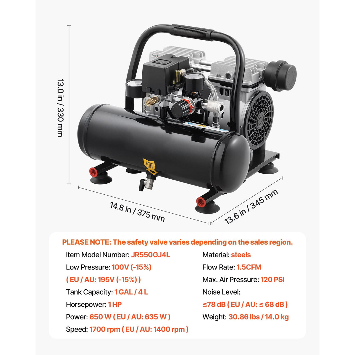 Air Compressor, 1 Gallon Steel Tank, 1HP 1.5 CFM 90PSI Oil Free Air Compressor & Max. 120PSI Pressure, 78dB Ultra Quiet Portable Compressor, for Auto Repair, Tire Inflation, Spray Painting