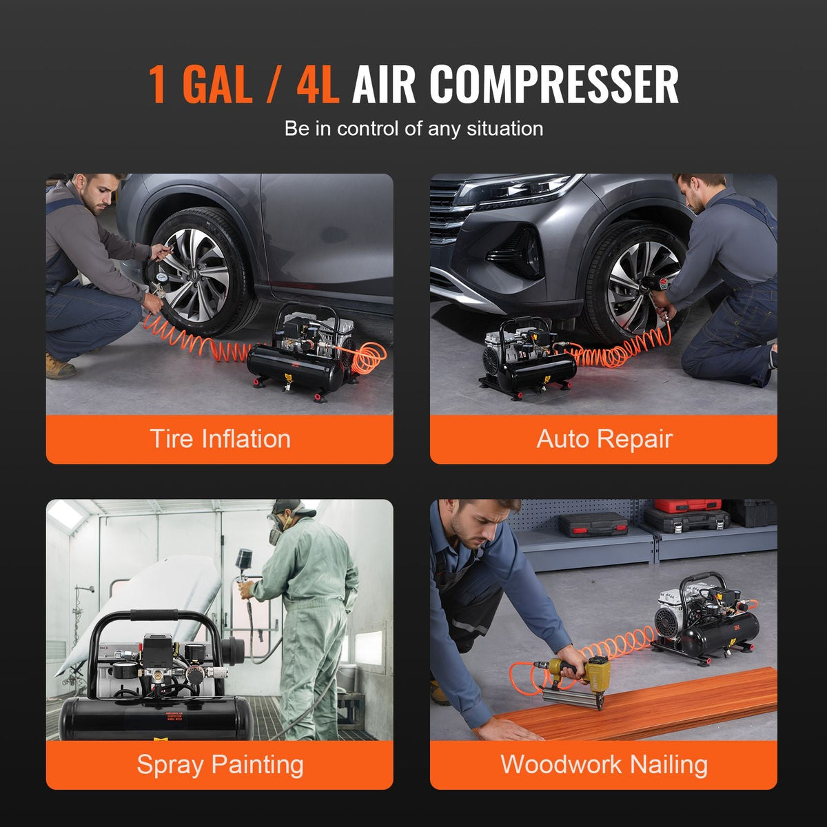 Air Compressor, 1 Gallon Steel Tank, 1HP 1.5 CFM 90PSI Oil Free Air Compressor & Max. 120PSI Pressure, 78dB Ultra Quiet Portable Compressor, for Auto Repair, Tire Inflation, Spray Painting