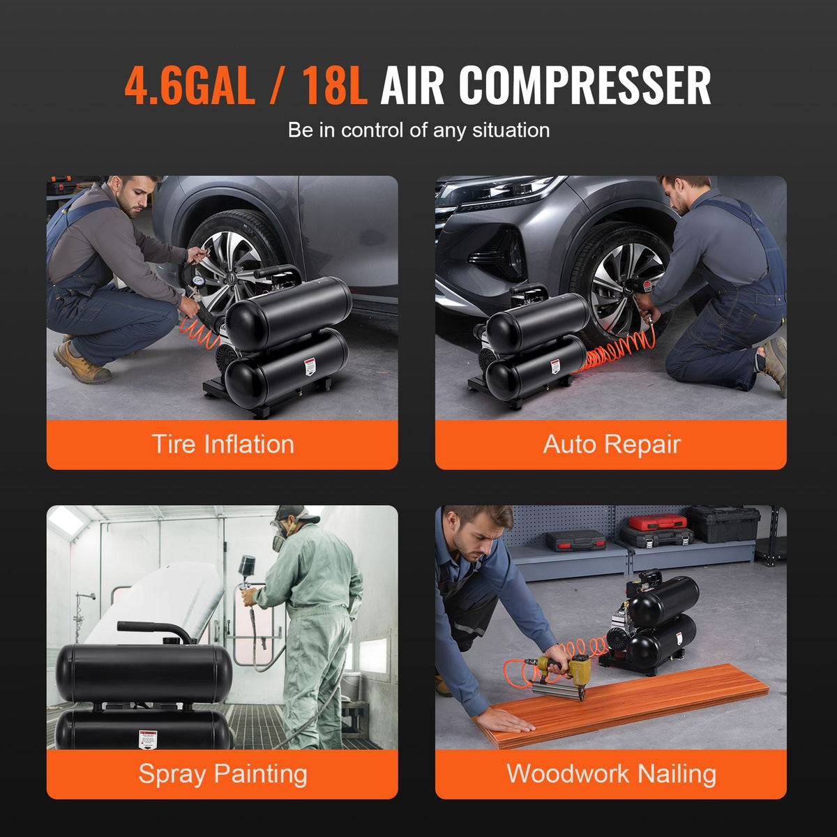 Air Compressor, 4.6 Gallon Steel Tank, 1HP 2.2 CFM@90 PSI Oil Free Air Compressor & Max. 120PSI Pressure, 80dB Ultra Quiet Portable Compressor, for Auto Repair, Tire Inflation, Spray Painting