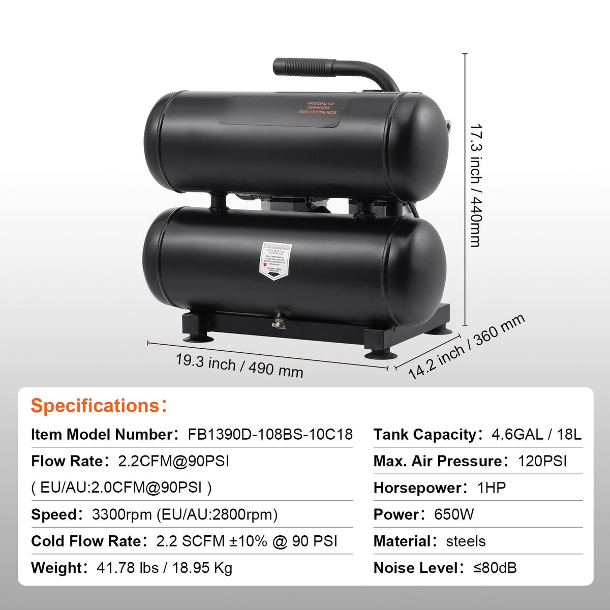 Air Compressor, 4.6 Gallon Steel Tank, 1HP 2.2 CFM@90 PSI Oil Free Air Compressor & Max. 120PSI Pressure, 80dB Ultra Quiet Portable Compressor, for Auto Repair, Tire Inflation, Spray Painting
