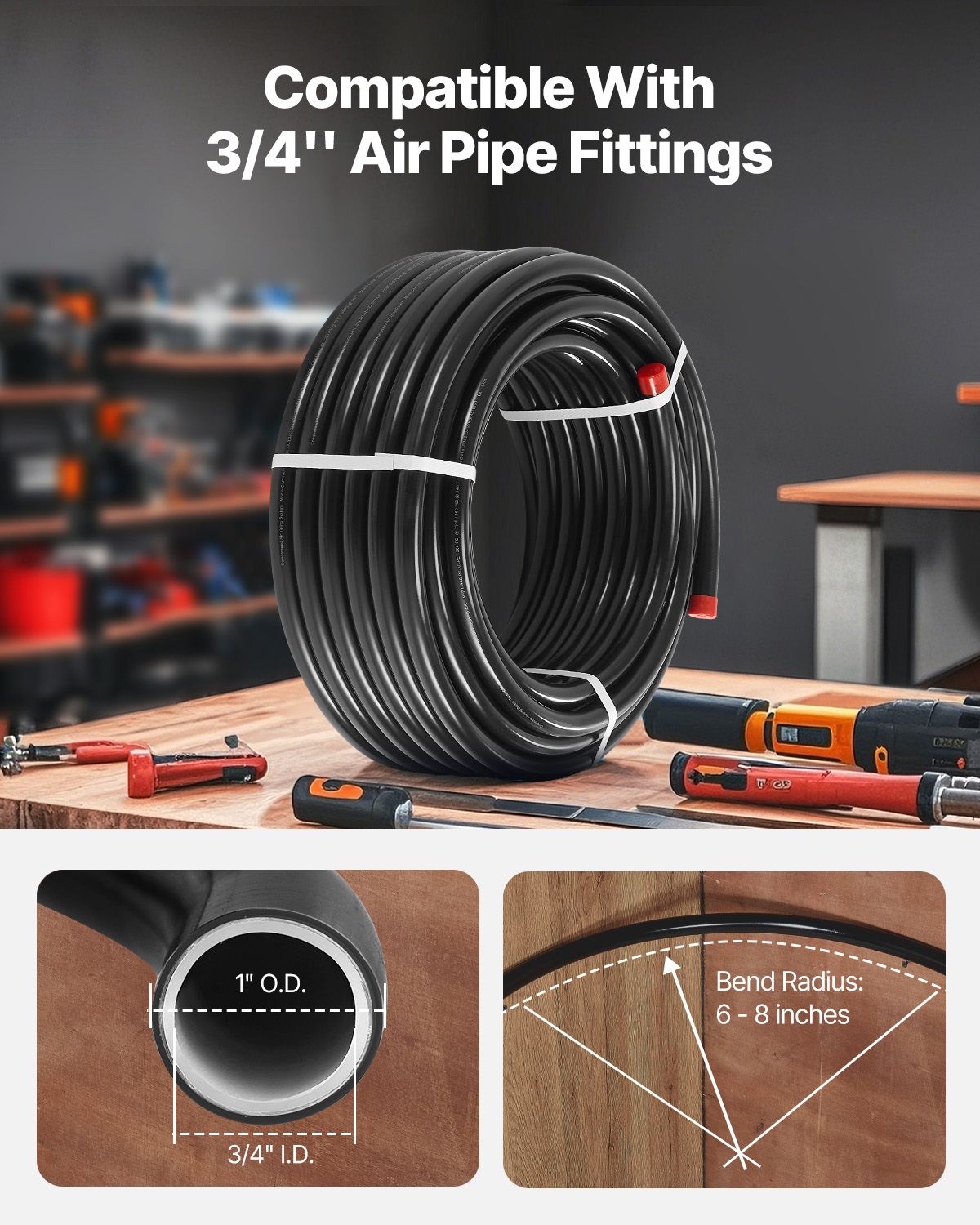 Air Compressor Line Kit, 100FT x 3/4", HDPE-Aluminum Compressed Air Piping System, Leak-Proof, Pressure-Resistant & Easy-to-Install, Compressed Air Line Tubing Kit for Garages Workshops, Black