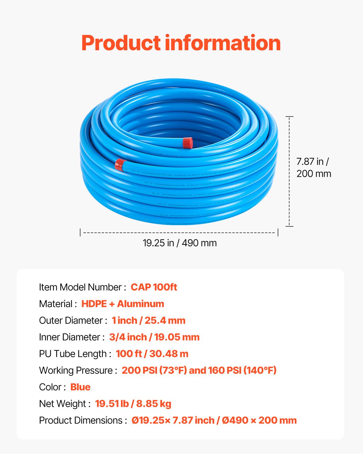 Air Compressor Line Kit, 100FT x 3/4", HDPE-Aluminum Compressed Air Piping System, Leak-Proof, Pressure-Resistant & Easy-to-Install, Compressed Air Line Tubing Kit for Garages Workshops, Blue