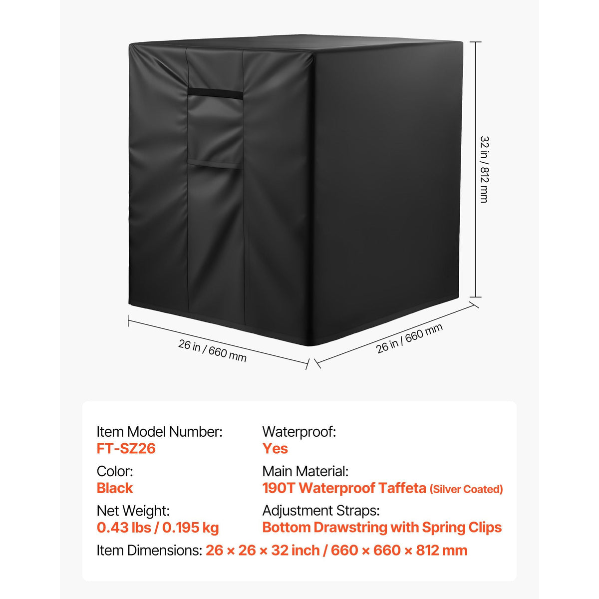 Air Conditioner Cover, 26 x 26 x 32 inch Ac Cover for Air Conditioning Unit, Three-Layer, Waterproof Polyester Fabric, Mesh Ventilation, Universal Defender for Outdoor Outside Ac Unit, Black