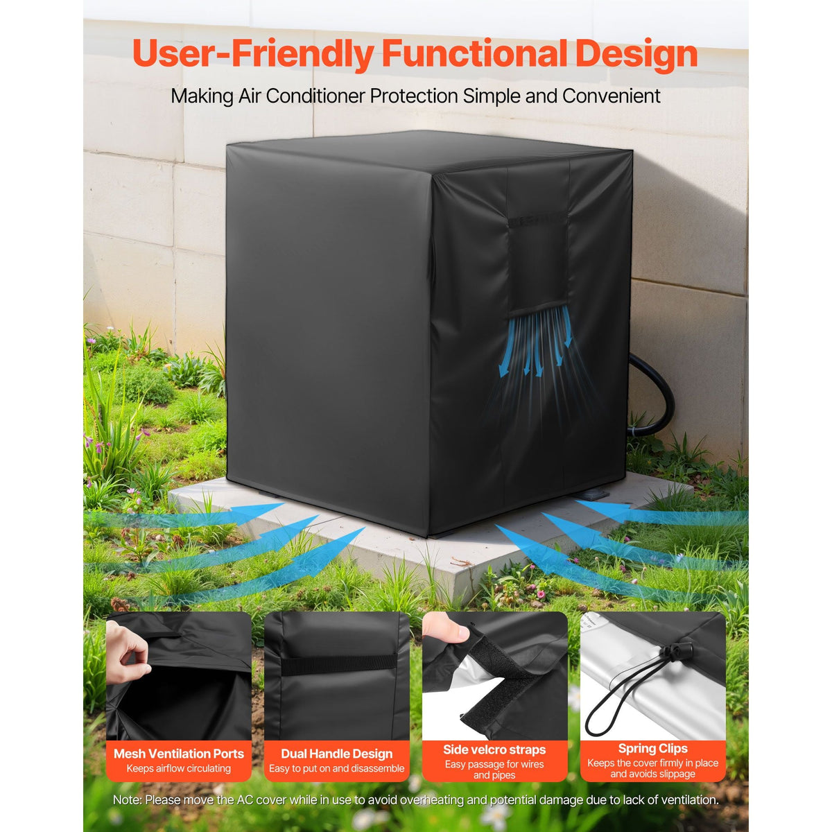 Air Conditioner Cover, 26 x 26 x 32 inch Ac Cover for Air Conditioning Unit, Three-Layer, Waterproof Polyester Fabric, Mesh Ventilation, Universal Defender for Outdoor Outside Ac Unit, Black