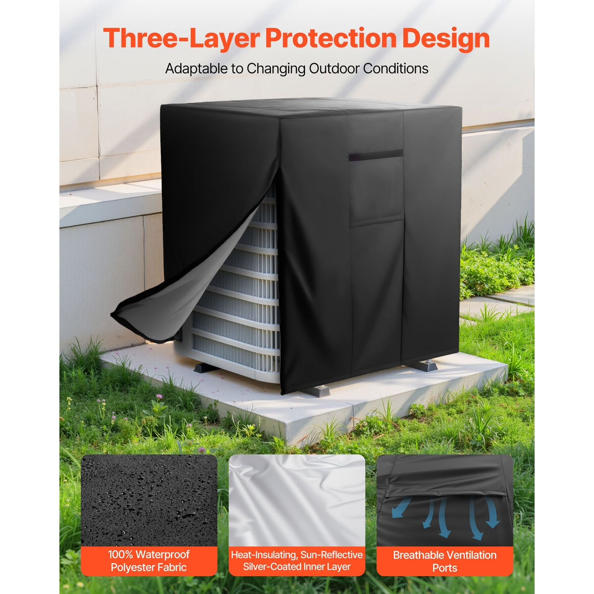Air Conditioner Cover, 26 x 26 x 32 inch Ac Cover for Air Conditioning Unit, Three-Layer, Waterproof Polyester Fabric, Mesh Ventilation, Universal Defender for Outdoor Outside Ac Unit, Black