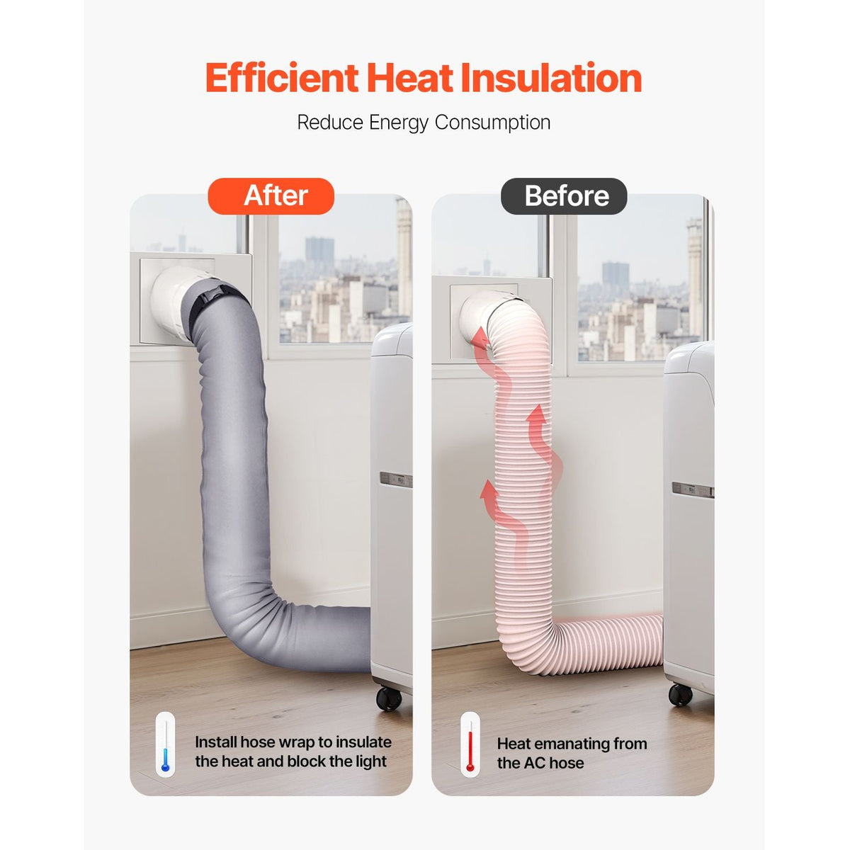 Air Conditioner Hose Cover Wrap, Portable AC Hose Duct Vent Cover Sleeve, Insulation Sleeve for 5 & 5.9" Diameter Exhaust Hoses Tube, Easy Installation with 2 Adjustable Buckle Straps, Gray