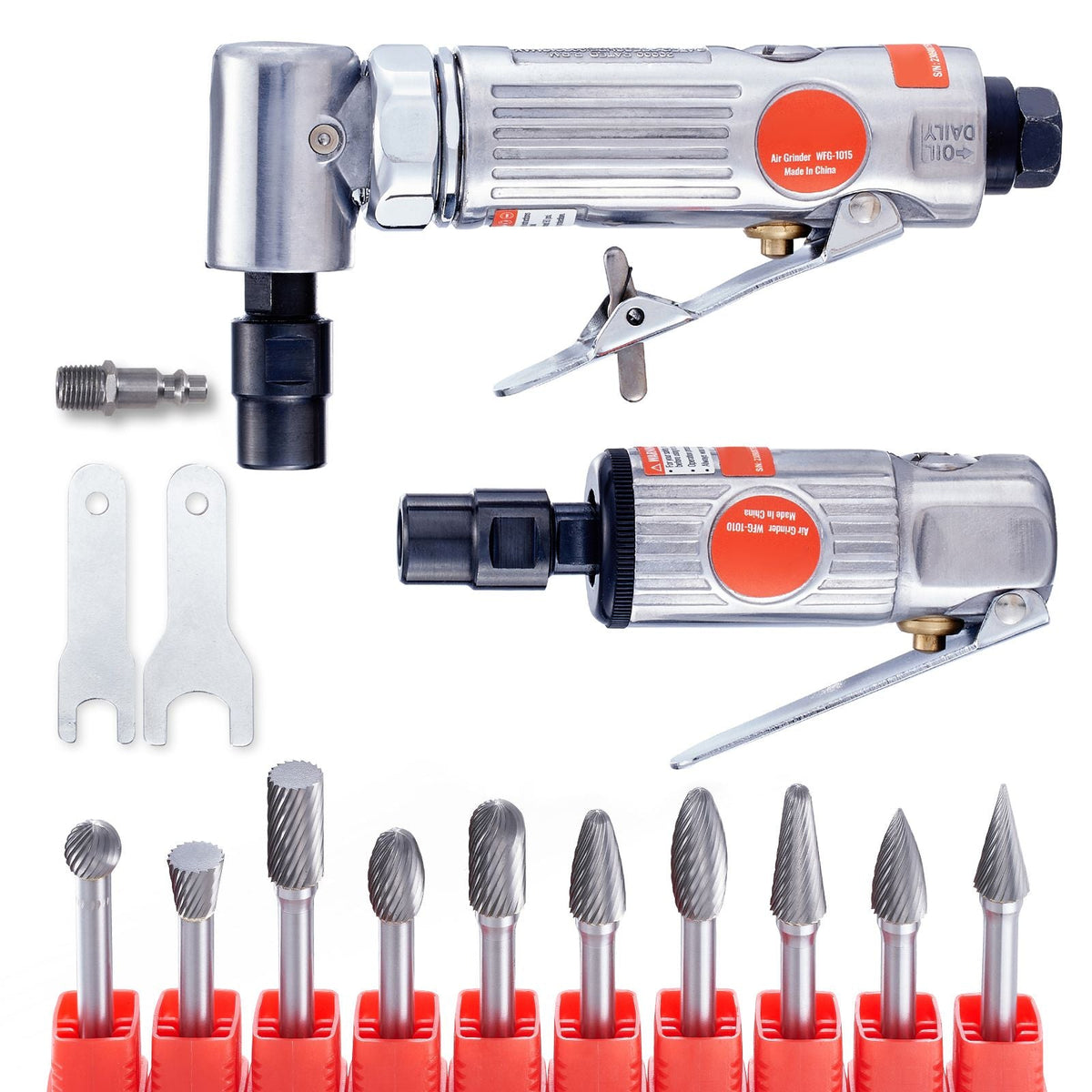 Air Die Grinder Kit, Right Angle Grinder w/ Die Grinder Combo & 10PCS Single Cut Carbide Burr Set, Lightweight, Ball Bearing Construction for Grinding, Deburring, Cutting, Polishing