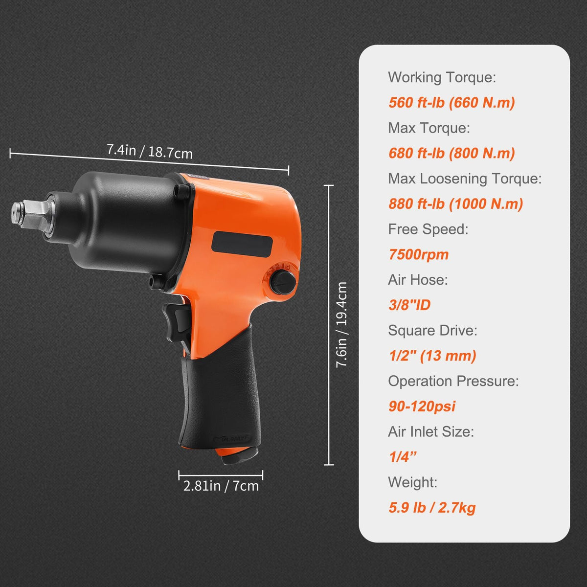 Air Impact Wrench, 1/2" Drive Air Impact Gun Up to 880ft-lbs Nut-busting Torque, 7500RPM Lightweight Pneumatic Tool for Auto Repairs and Maintenance