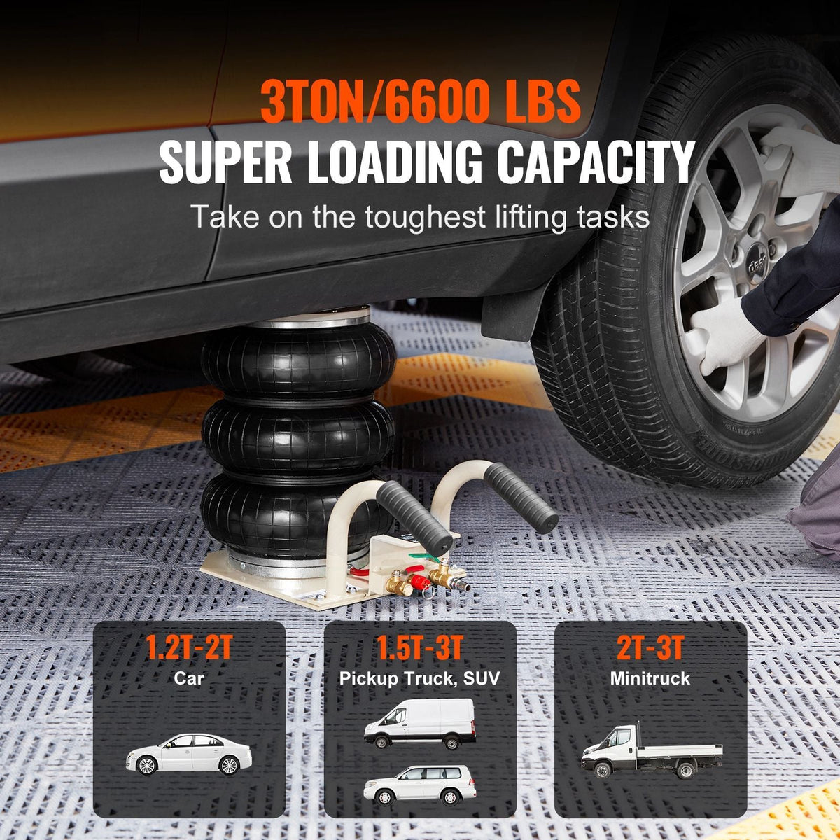 Air Jack, 3 Ton/6600 lbs Triple Bag Air Jack, Airbag Jack with Six Steel Pipes, Lift up to 17.7 inch/450 mm, 3-5 s Fast Lifting Pneumatic Jack, with Short Handles for Car Repair