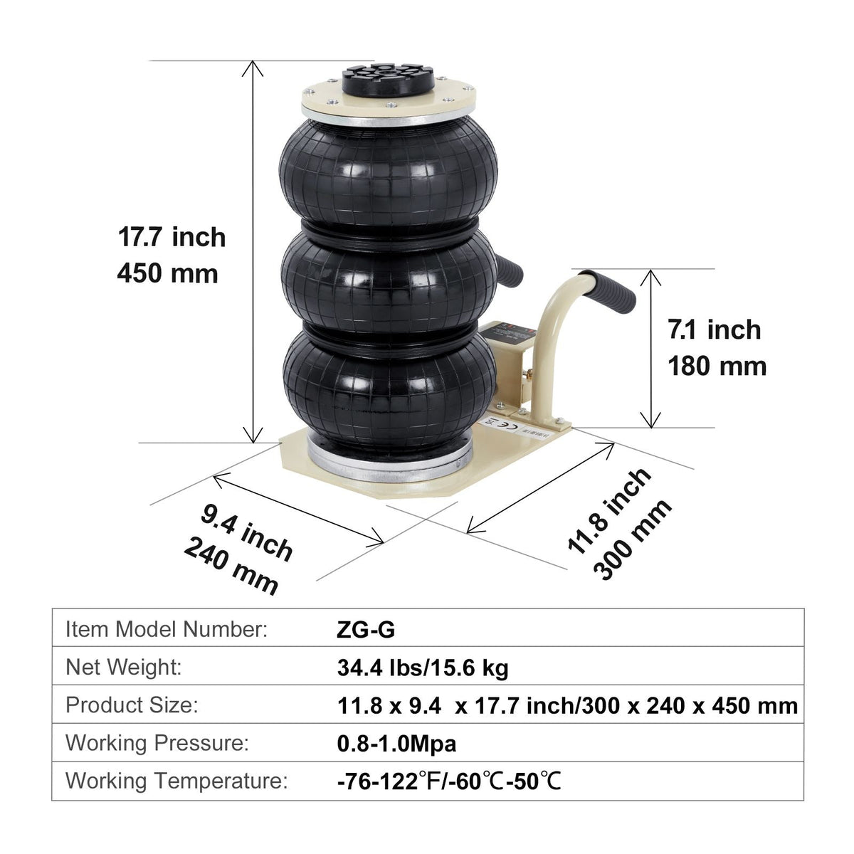 Air Jack, 3 Ton/6600 lbs Triple Bag Air Jack, Airbag Jack with Six Steel Pipes, Lift up to 17.7 inch/450 mm, 3-5 s Fast Lifting Pneumatic Jack, with Short Handles for Car Repair