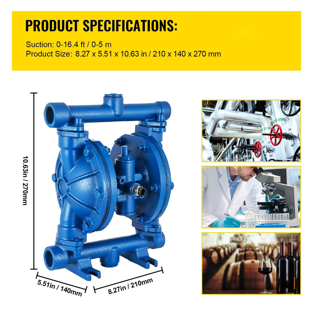 Air-Operated Double Diaphragm Pump, 1/2 in Inlet & Outlet, Cast Iron Body, 3 GPM & Max 90 PSI, Nitrile Diaphragm Pneumatic Transfer Pump for Petroleum, Diesel, Oil & Low Viscosity Fluids
