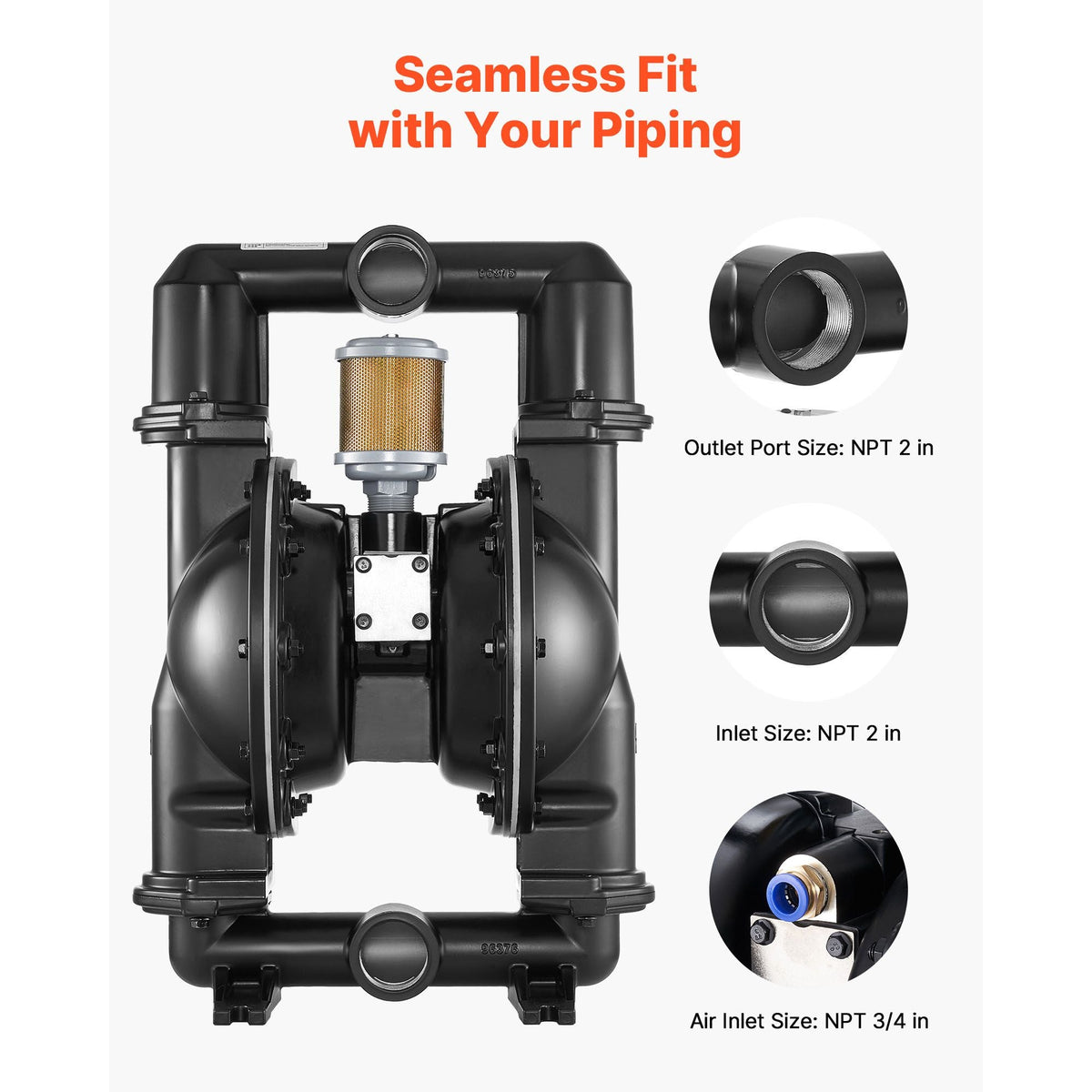 Air Operated Double Diaphragm Pump, 158 GPM, 2 inch Inlet & Outlet Pneumatic Waste Oil Transfer Pump, Max 114 PSI, Aluminum Alloy Body, Air-Operated for Diesel, Grease, Kerosene, Gasoline & Oil