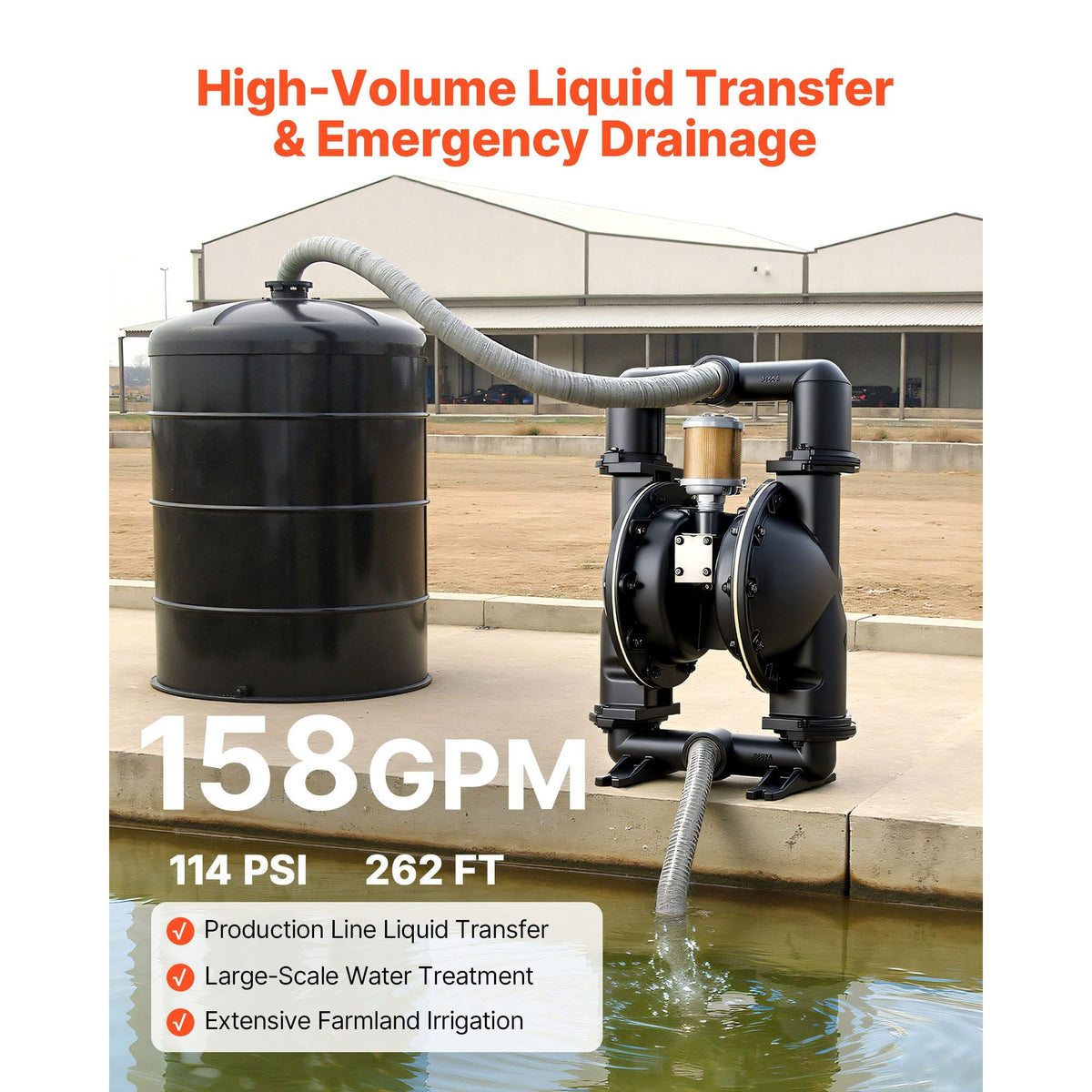 Air Operated Double Diaphragm Pump, 158 GPM, 2 inch Inlet & Outlet Pneumatic Waste Oil Transfer Pump, Max 114 PSI, Aluminum Alloy Body, Air-Operated for Diesel, Grease, Kerosene, Gasoline & Oil