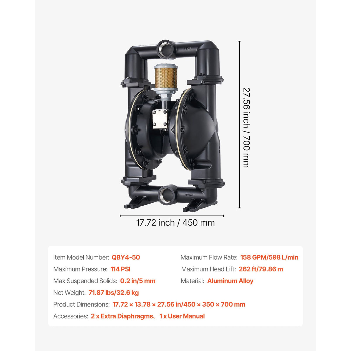 Air Operated Double Diaphragm Pump, 158 GPM, 2 inch Inlet & Outlet Pneumatic Waste Oil Transfer Pump, Max 114 PSI, Aluminum Alloy Body, Air-Operated for Diesel, Grease, Kerosene, Gasoline & Oil