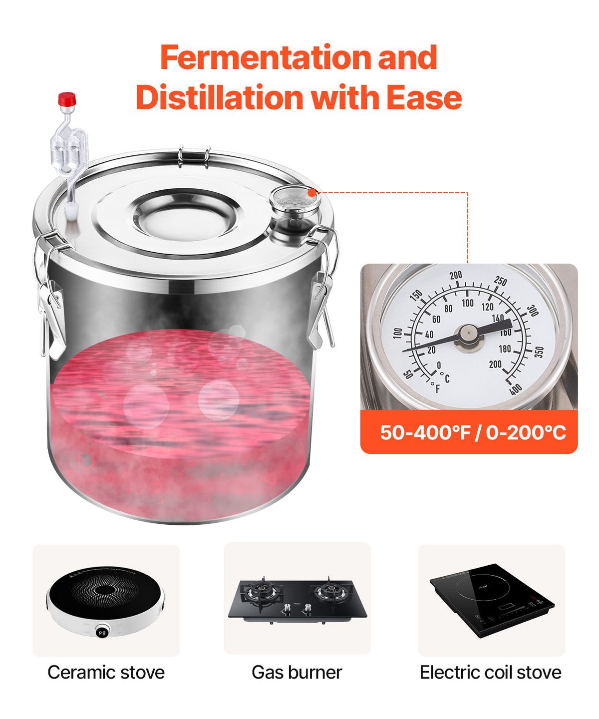 Alcohol Still, 13.2 Gal / 50 L Stainless Steel Water Alcohol Distiller with Copper Coil for Fast Cooling, Dual Condenser Distiller Kit with Secondary Distillation, for Wine Whisky Brandy, Silver