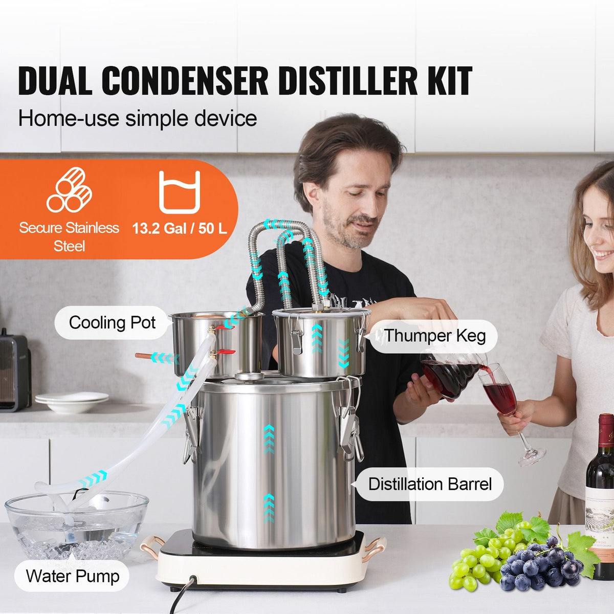 Alcohol Still, 13.2 Gal / 50 L Stainless Steel Water Alcohol Distiller with Copper Coil for Fast Cooling, Dual Condenser Distiller Kit with Secondary Distillation, for Wine Whisky Brandy, Silver