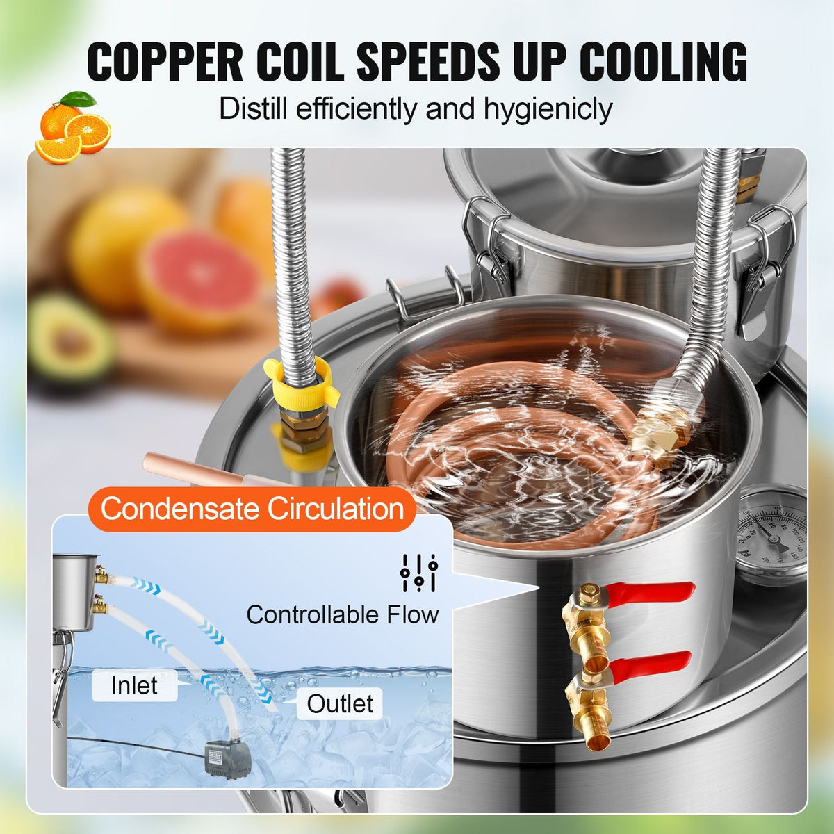 Alcohol Still, 13.2 Gal / 50 L Stainless Steel Water Alcohol Distiller with Copper Coil for Fast Cooling, Dual Condenser Distiller Kit with Secondary Distillation, for Wine Whisky Brandy, Silver