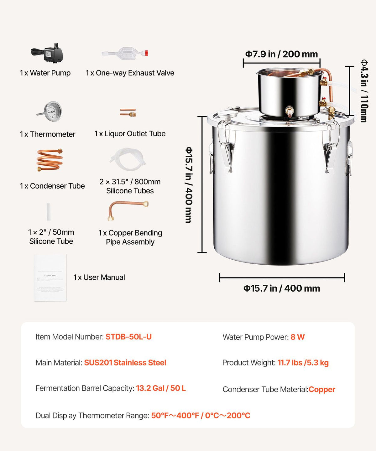 Alcohol Still, 13.2 Gal / 50 L Stainless Steel Water Alcohol Distiller with Copper Coil, Home Brewing Refining Fermentation Kit with Thermometer & Pump, for Wine Whisky Brandy, Silver