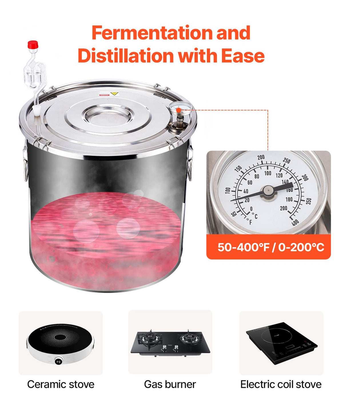 Alcohol Still, 13.2 Gal / 50 L Stainless Steel Water Alcohol Distiller with Copper Coil, Home Brewing Refining Fermentation Kit with Thermometer & Pump, for Wine Whisky Brandy, Silver