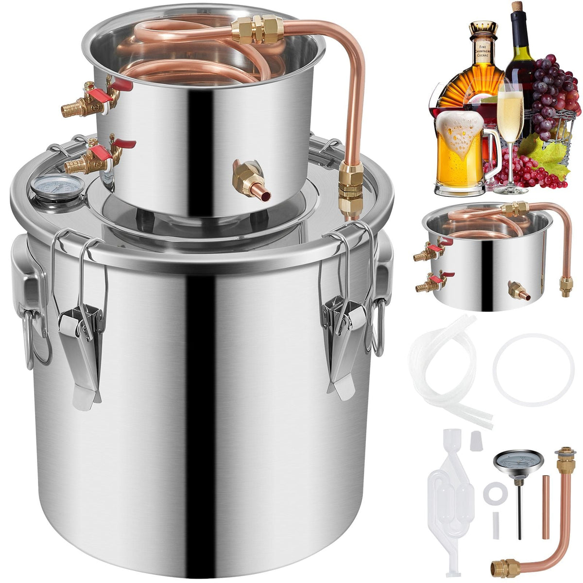 Alcohol Still 3Gal/12L Stainless Steel Alcohol Distiller Copper Tube Home Brewing Kit Build-in Thermometer for DIY Whisky Wine Brandy, Silver