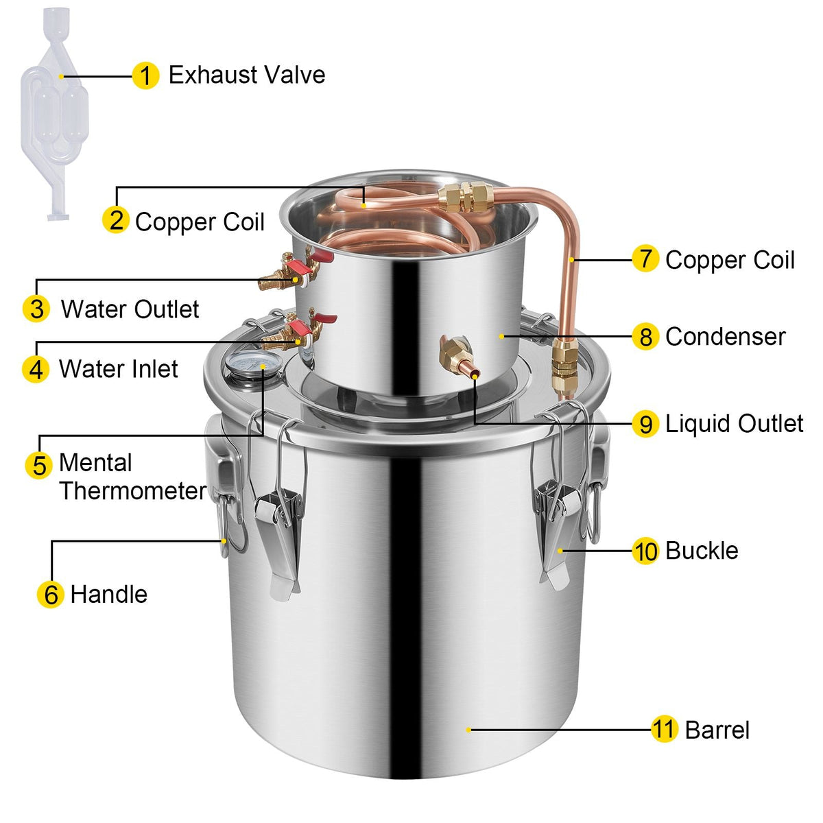 Alcohol Still 3Gal/12L Stainless Steel Alcohol Distiller Copper Tube Home Brewing Kit Build-in Thermometer for DIY Whisky Wine Brandy, Silver