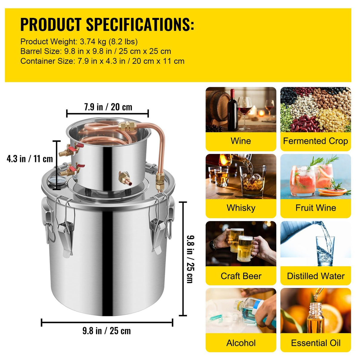 Alcohol Still 3Gal/12L Stainless Steel Alcohol Distiller Copper Tube Home Brewing Kit Build-in Thermometer for DIY Whisky Wine Brandy, Silver