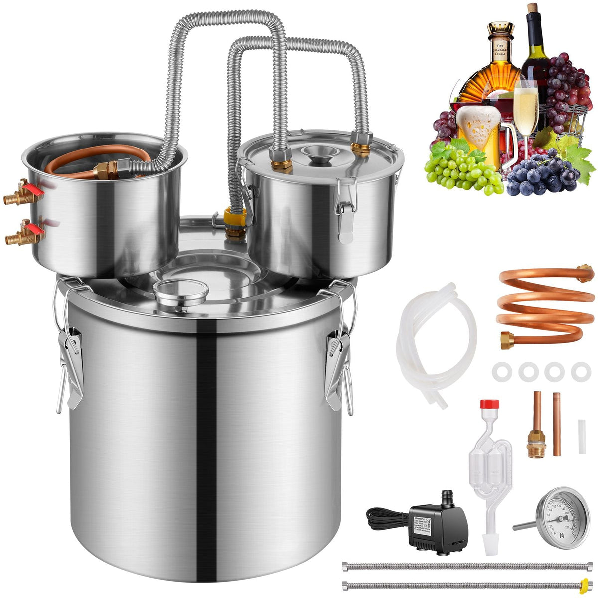 Alcohol Still, 8 Gal / 30 L Stainless Steel Water Alcohol Distiller with Copper Coil for Fast Cooling, Dual Condenser Distiller Kit with Secondary Distillation, for Wine Whisky Brandy, Silver