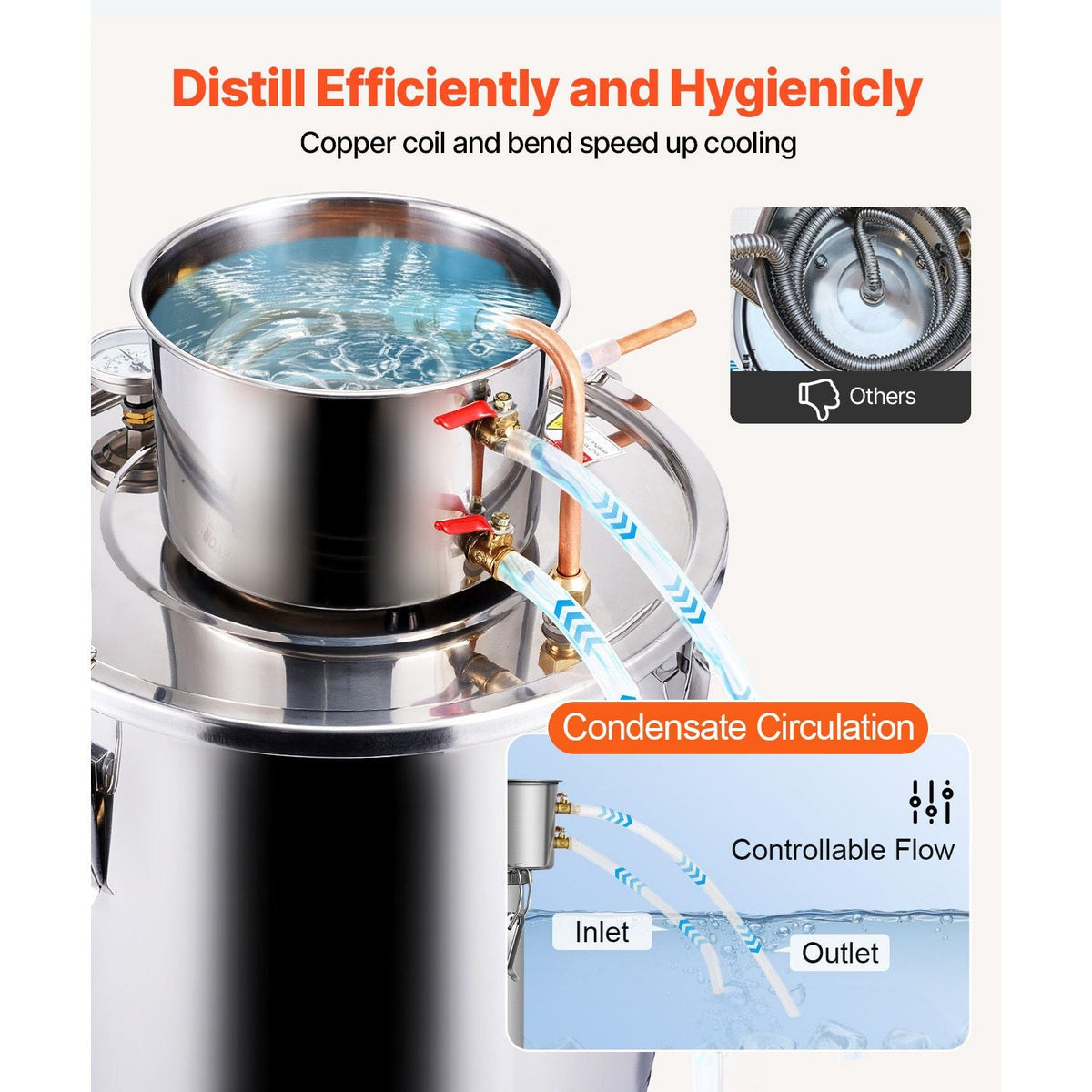 Alcohol Still, 8 Gal / 30 L Stainless Steel Water Alcohol Distiller with Copper Coil, Home Brewing Refining Fermentation Kit with Thermometer, for Wine Whisky Brandy, Silver