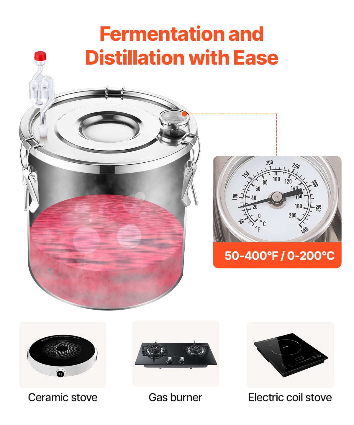Alcohol Still, 8 Gal / 30 L Stainless Steel Water Alcohol Distiller with Copper Coil, Home Brewing Refining Fermentation Kit with Thermometer, for Wine Whisky Brandy, Silver