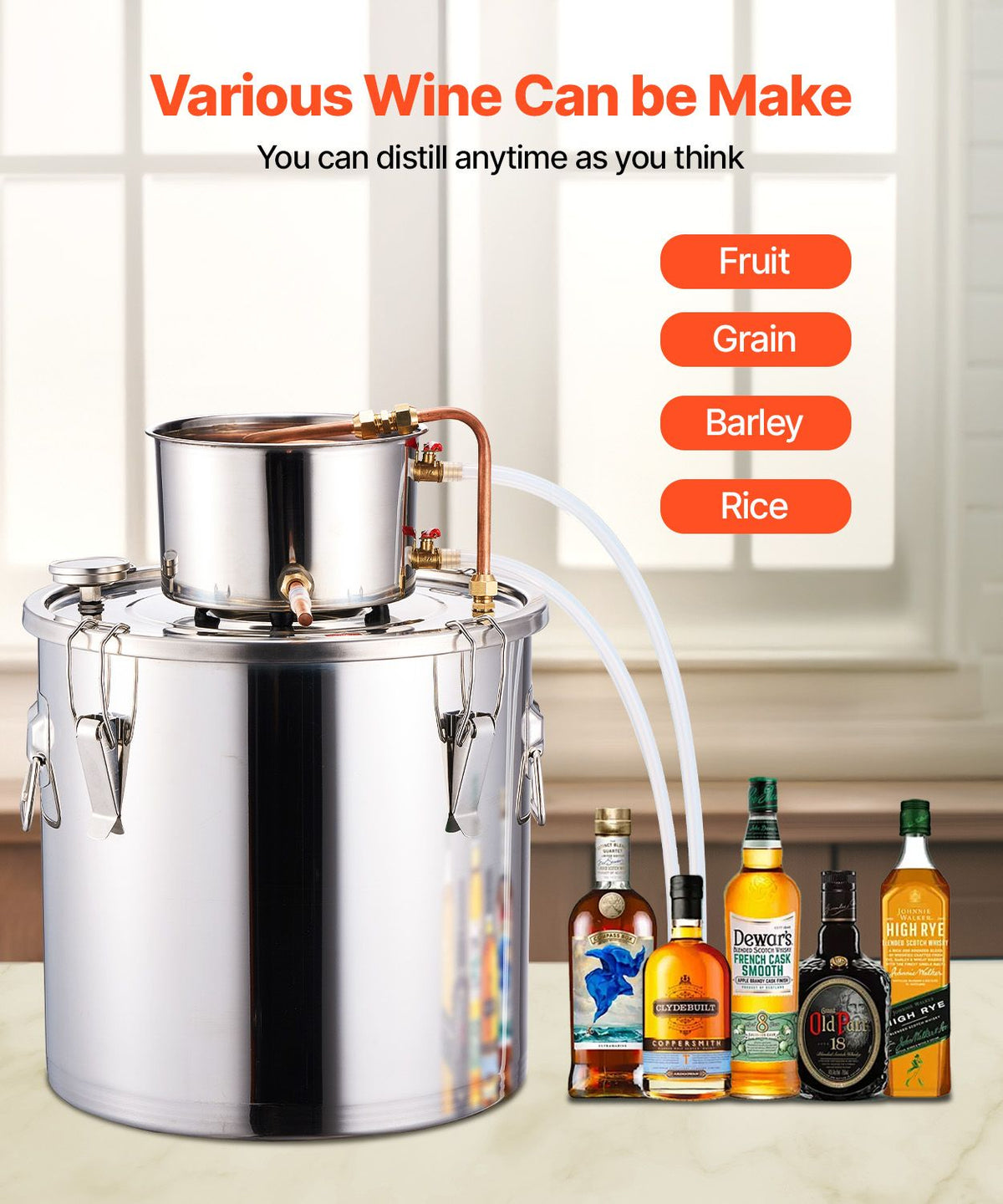 Alcohol Still, 8 Gal / 30 L Stainless Steel Water Alcohol Distiller with Copper Coil, Home Brewing Refining Fermentation Kit with Thermometer & Pump, for Wine Whisky Brandy, Silver