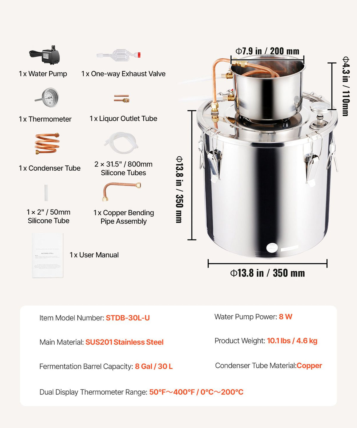 Alcohol Still, 8 Gal / 30 L Stainless Steel Water Alcohol Distiller with Copper Coil, Home Brewing Refining Fermentation Kit with Thermometer & Pump, for Wine Whisky Brandy, Silver
