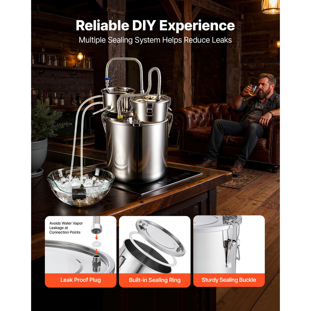 Alcohol Still, 8 GAL/ 30L Alcohol Distiller with Thumper Keg, Dual-scale Thermometer, and Water Pump, Home Brewing Kit for DIY Whiskey Wine Brandy