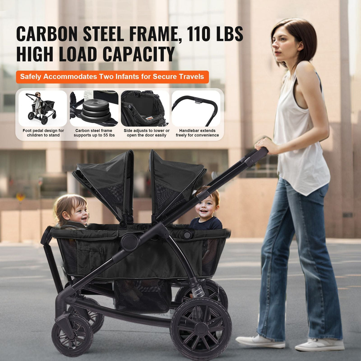 All-Terrain Stroller Wagon, 2 Seats Foldable Expedition 2-in-1 Collapsible Wagon Stroller, Includes Canopy, Parent Organizer, Snack Tray & Cup Holders, 55lbs for Single Seat, Black