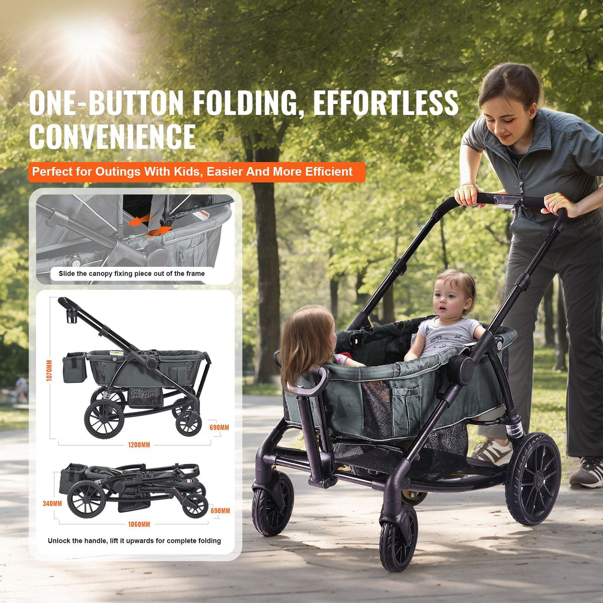 All-Terrain Stroller Wagon, 2 Seats Foldable Expedition 2-in-1 Collapsible Wagon Stroller, Includes Canopy, Parent Organizer, Snack Tray & Cup Holders, 55lbs for Single Seat, Dark Grey/Black