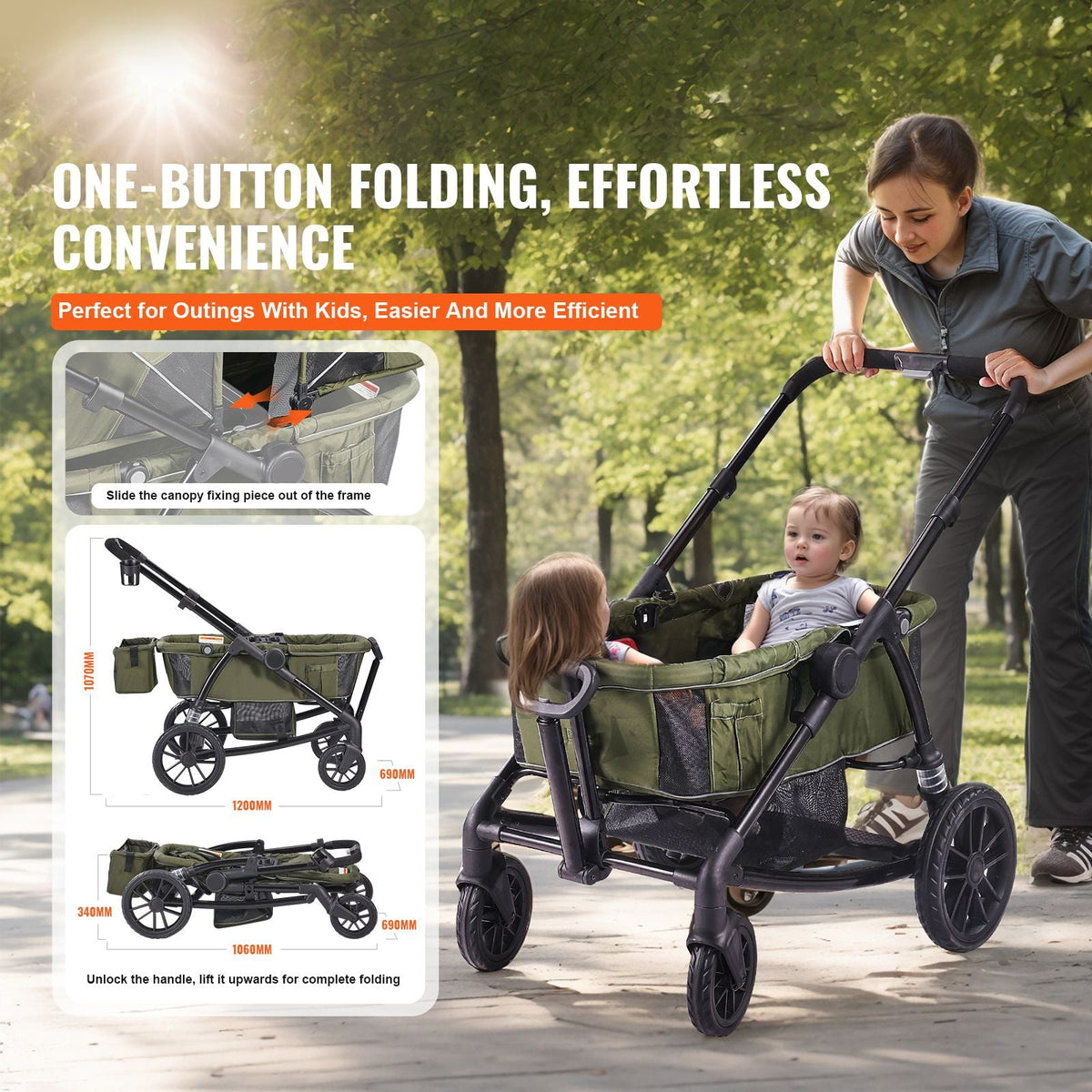 All-Terrain Stroller Wagon, 2 Seats Foldable Expedition 2-in-1 Collapsible Wagon Stroller, Includes Canopy, Parent Organizer, Snack Tray & Cup Holders, 55lbs for Single Seat, Olive Green
