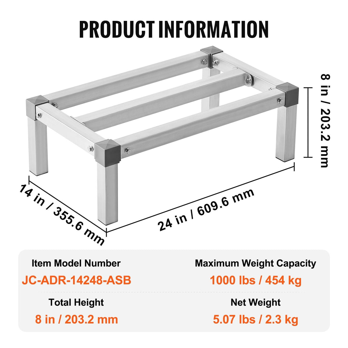 Aluminum Dunnage Rack, 24' x 14' Commercial Food Floor Rack, 8' Off the Floor, 1000 lbs Capacity Adjustable Aluminum Storage Rack, for Storage in Restaurants, Kitchens, Garages and Vehicles