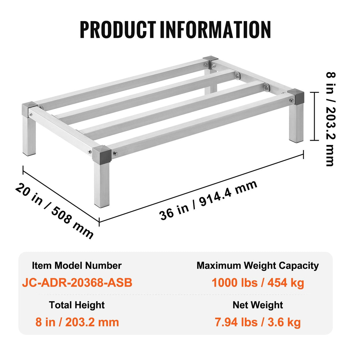 Aluminum Dunnage Rack, 36' x 20' Commercial Food Floor Rack, 8' Off the Floor, 1000 lbs Capacity All-Welded Aluminum Storage Rack, for Storage in Restaurants, Kitchens, Garages and Vehicles