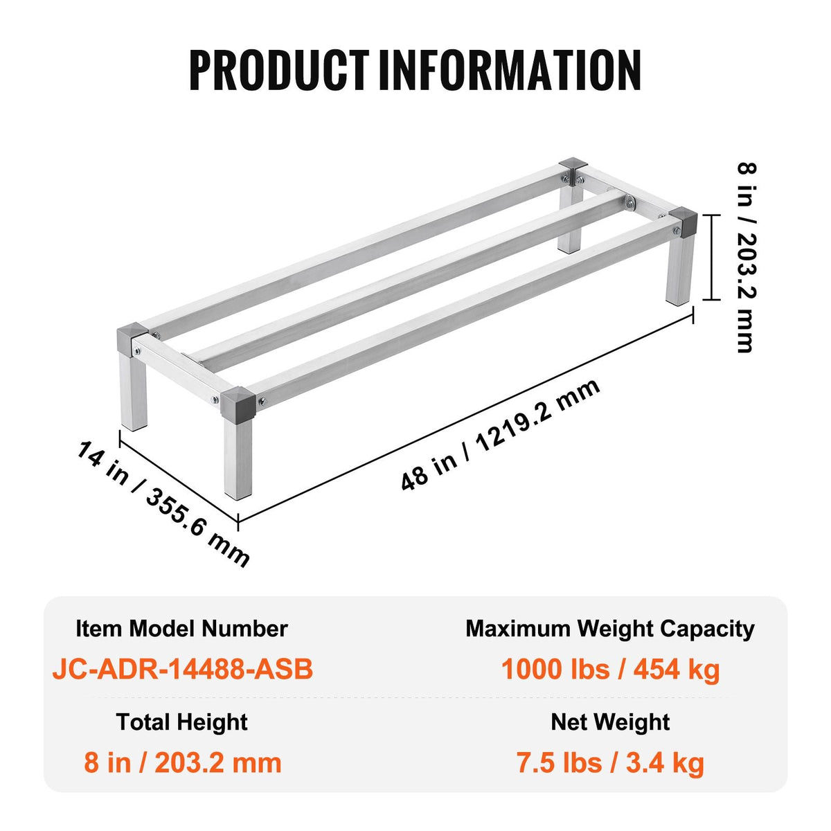 Aluminum Dunnage Rack, 48' x 14' Commercial Food Floor Rack, 8' Off the Floor, 1000 lbs Capacity All-Welded Aluminum Storage Rack, for Storage in Restaurants, Kitchens, Garages and Vehicles